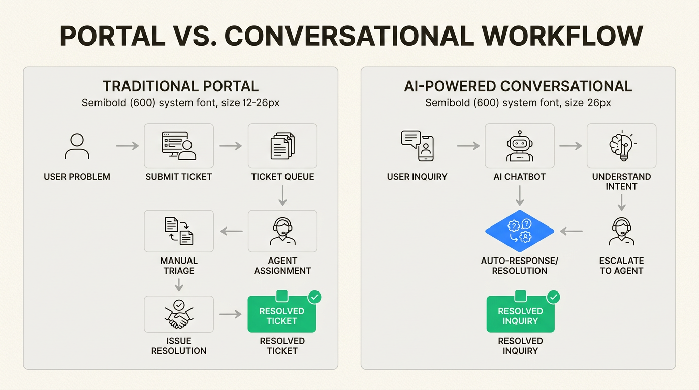 Comparison showing traditional portals routing tickets versus AI autonomous resolution
