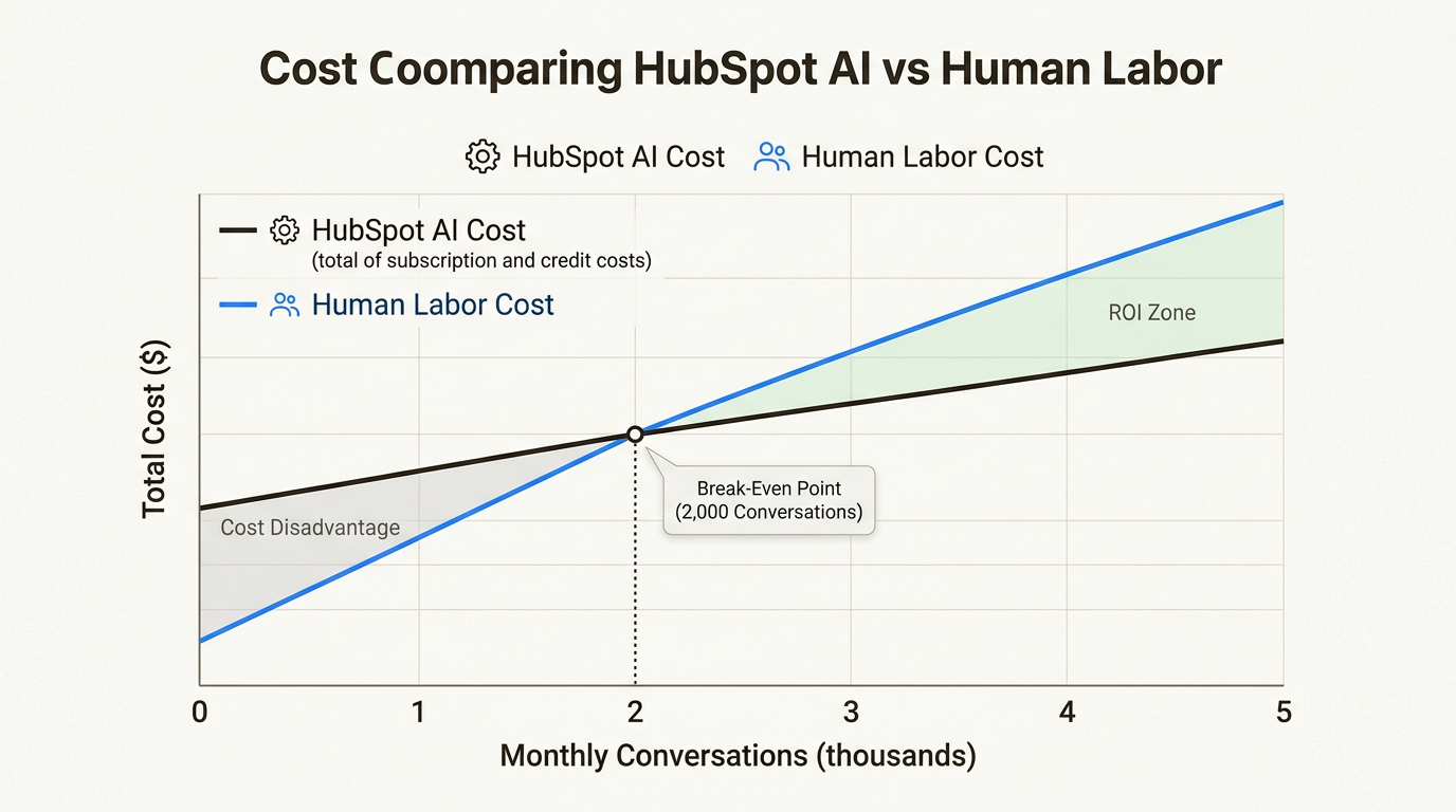Análise do ponto de equilíbrio mostrando quando os custos da IA do HubSpot se justificam com base no volume de conversas