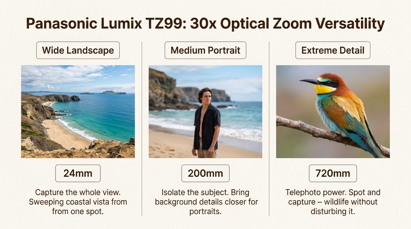 Experience the incredible versatility of the Lumix TZ99's 30x optical zoom, capturing everything from expansive landscapes to distant wildlife without changing lenses.