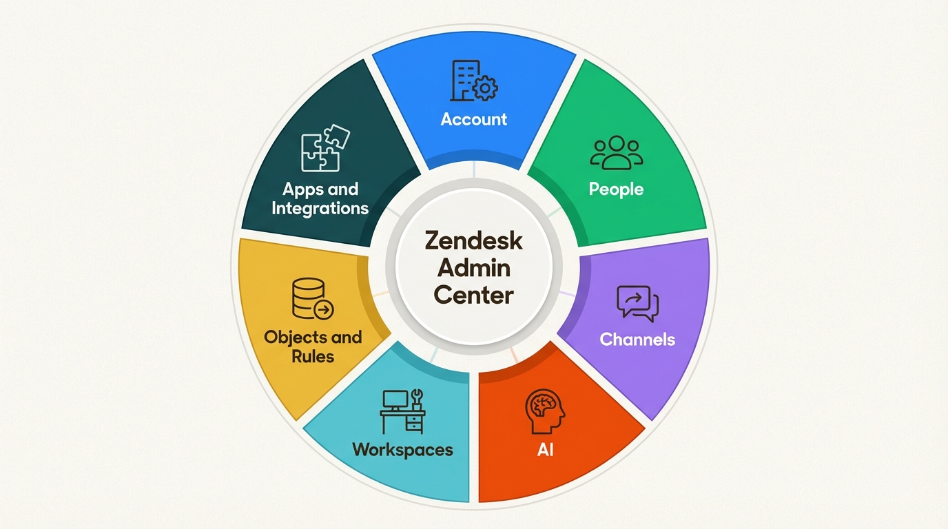 Mapa de alto nivel de la estructura organizativa de Zendesk para administradores