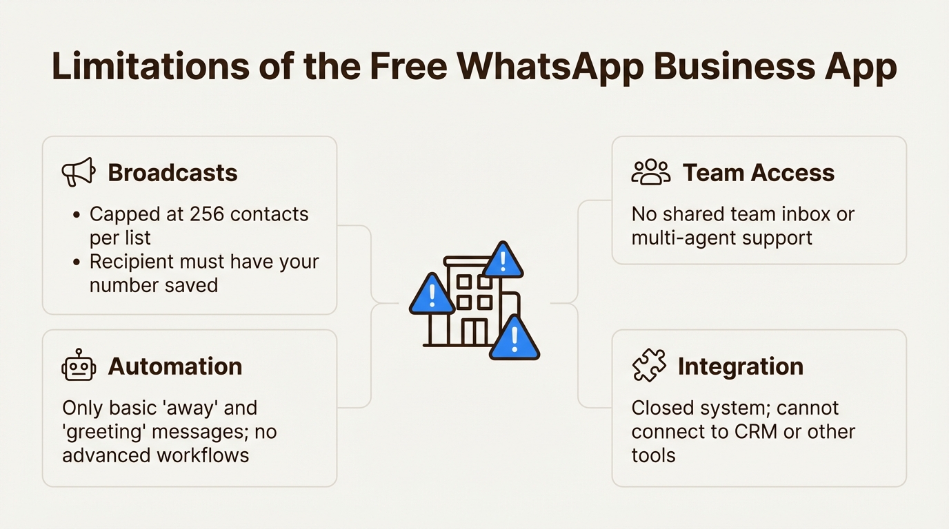 An infographic showing the limitations of a standard WhatsApp login using the free Business App, including broadcast caps, limited automation, and no team access.