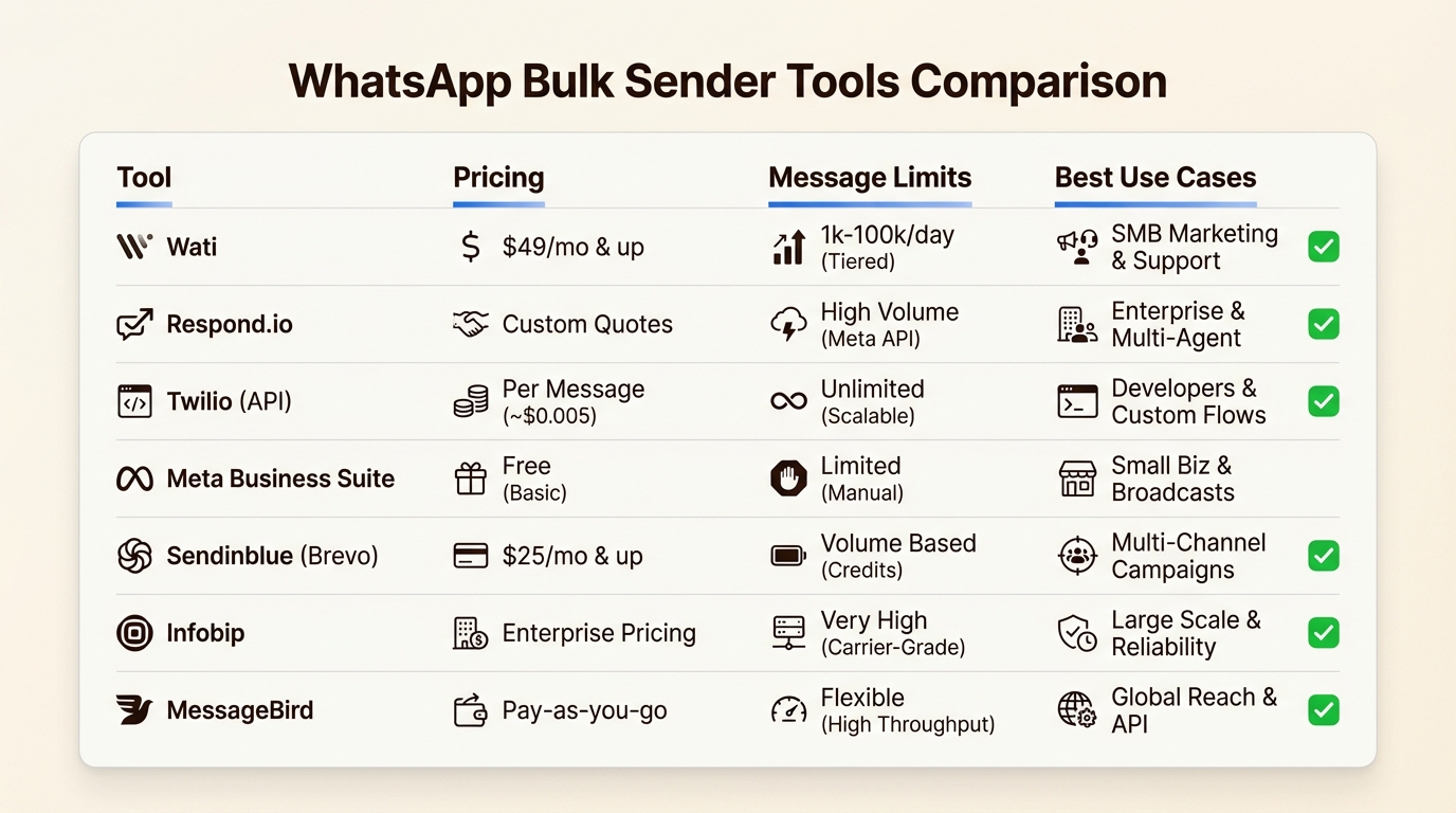 Free tools like WASender suit small volumes while API solutions like Brevo scale better for growing businesses