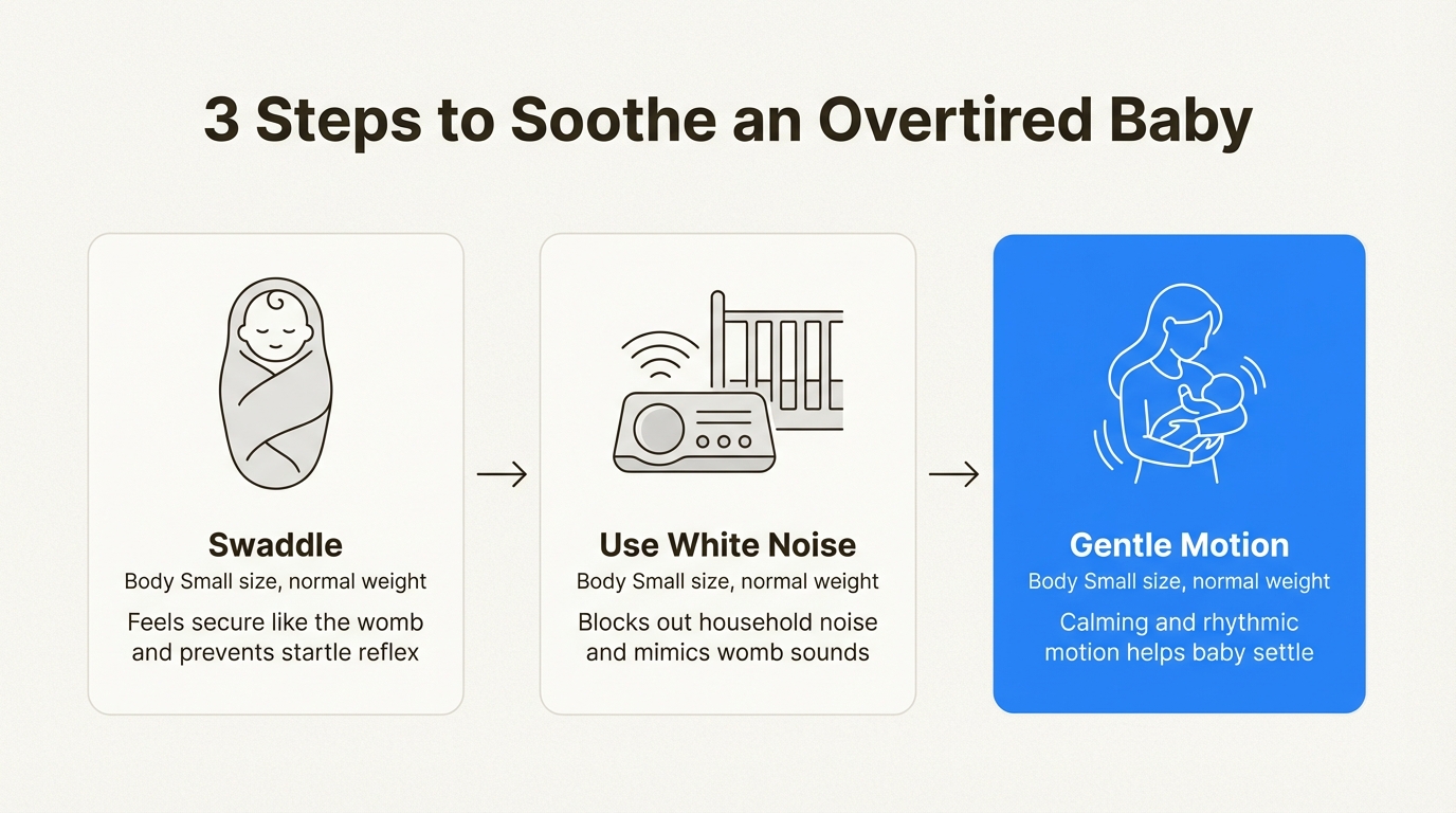 A three-step workflow showing how to swaddle, use white noise, and use gentle motion to soothe an overtired baby.