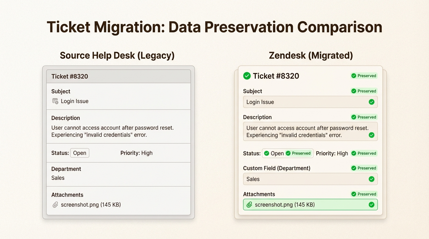 Comparaison des tickets source et cible pendant la migration de test
