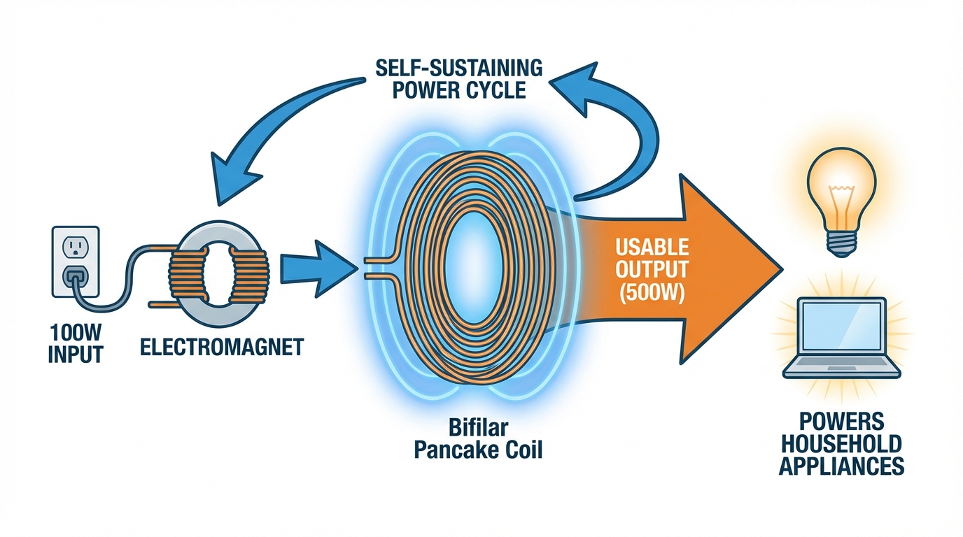 An infographic explaining how the Energy Revolution System uses a bifilar coil to turn 100 watts of input into 500 watts of usable energy.