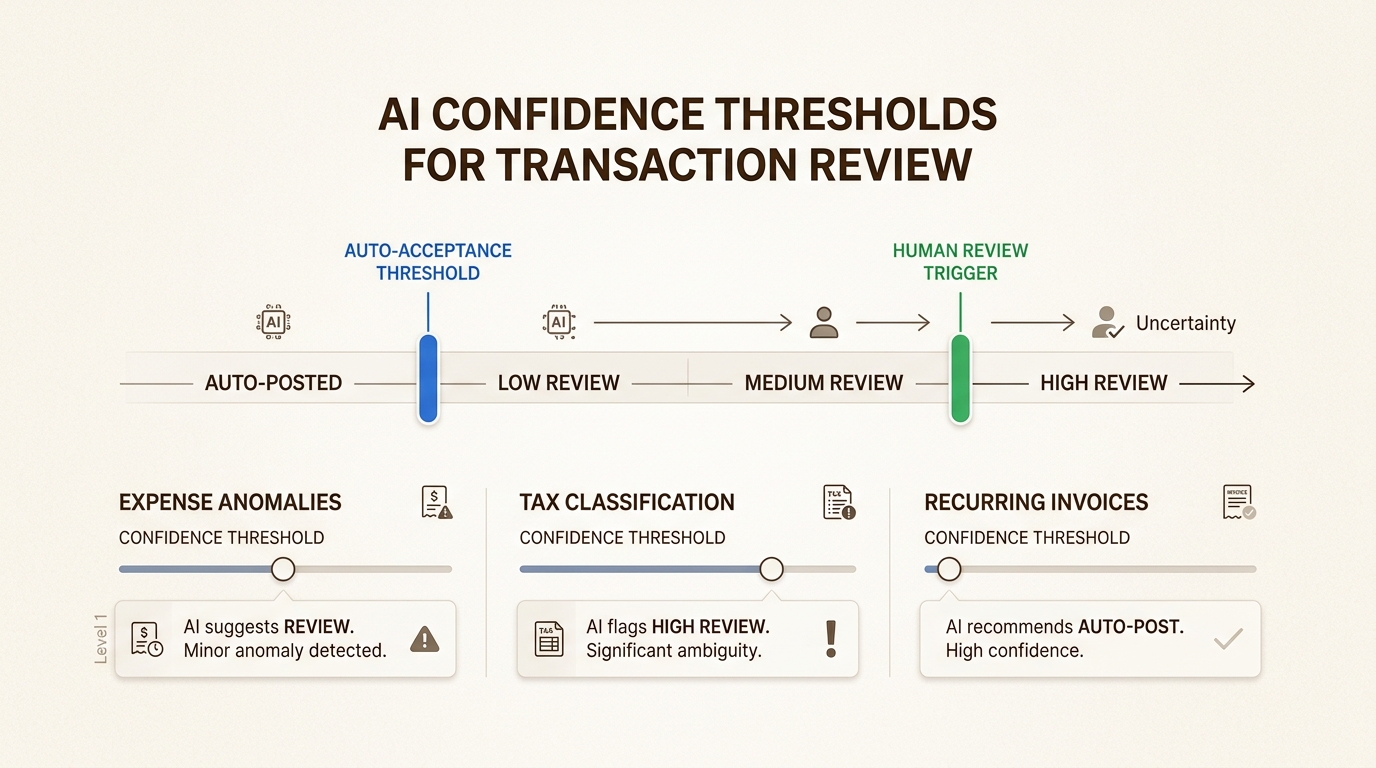 A professional dashboard showing AI confidence thresholds for transaction review in an accounting platform.