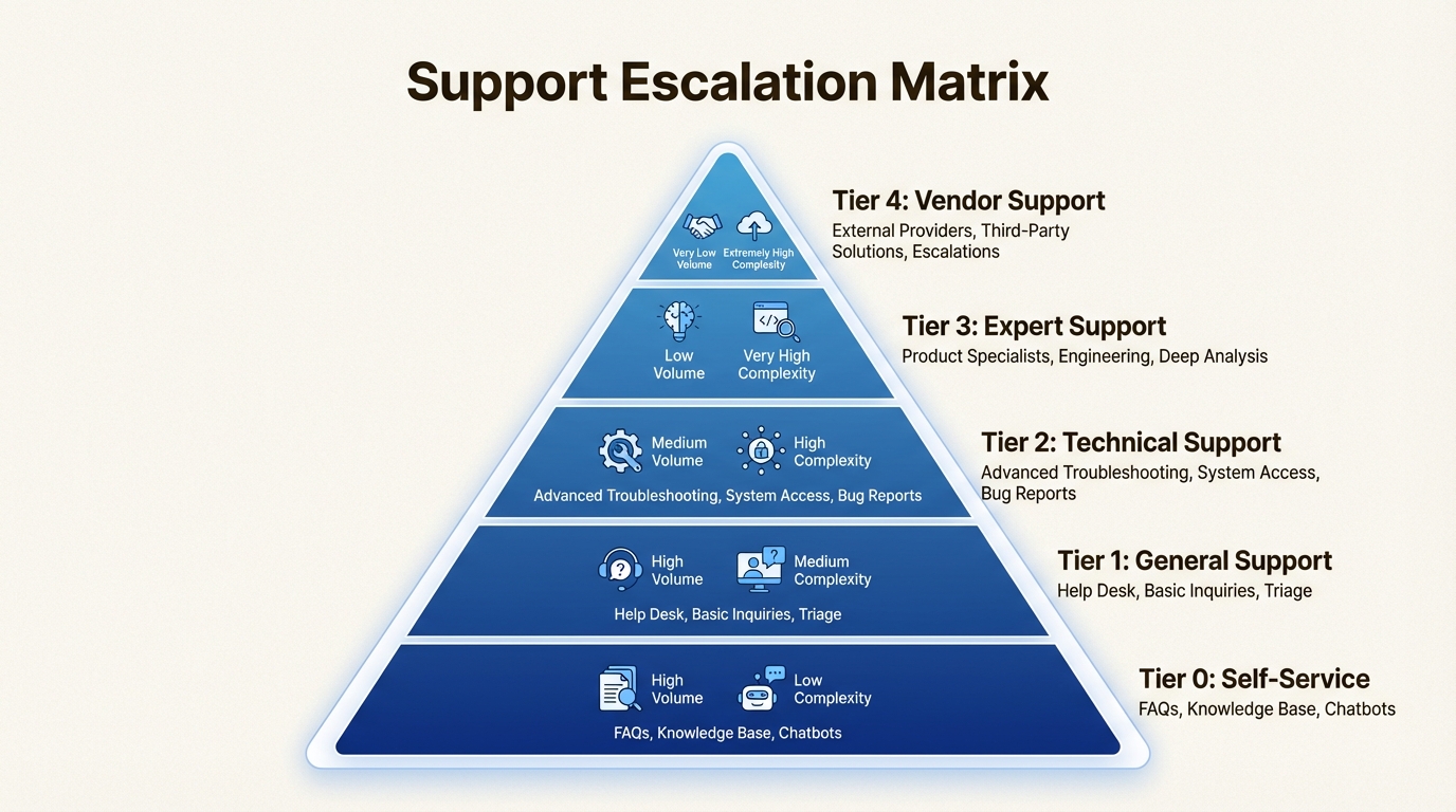 Estrutura de suporte em níveis roteando consultas simples para autoatendimento e problemas complexos para especialistas especializados