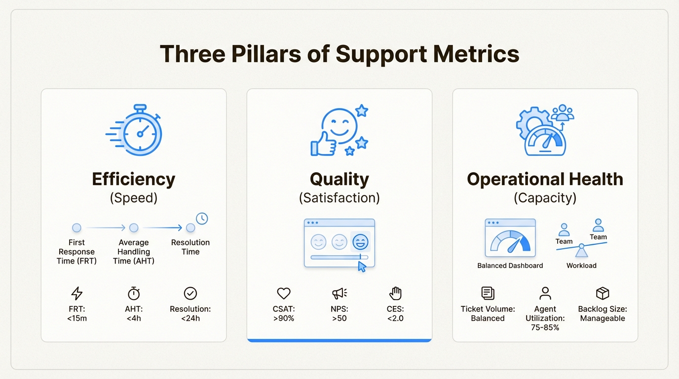 Tres categorías esenciales de métricas de soporte: eficiencia, calidad y salud operativa
