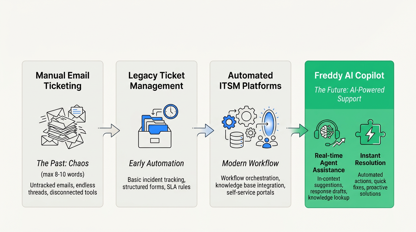 Pasar de la emisión manual de tickets al soporte asistido por IA reduce significativamente los tiempos de resolución y aumenta la productividad general de los agentes.