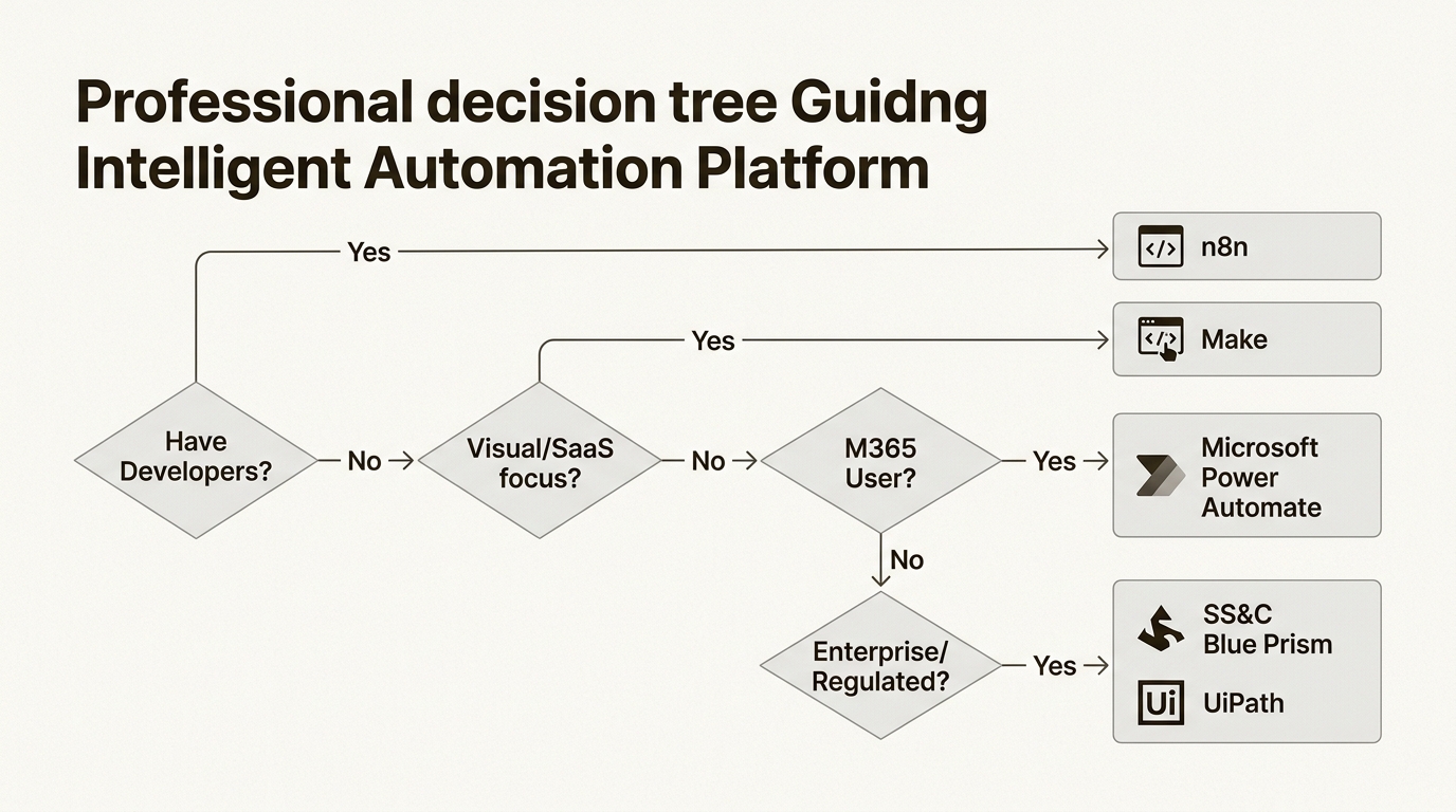 Use this decision framework to quickly identify the most suitable intelligent automation platform based on your team's skills and specific business needs.