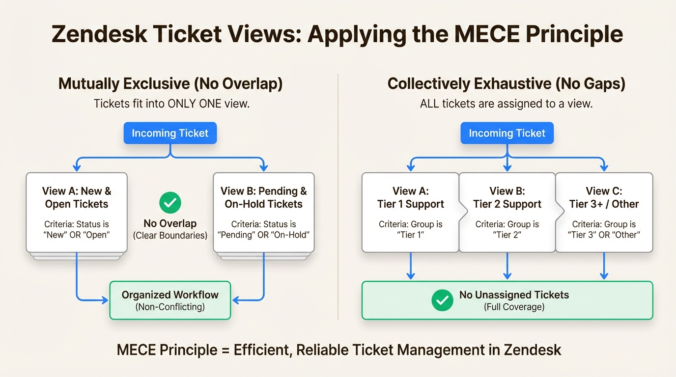 Aplicar el principio MECE evita el trabajo duplicado y garantiza que cada ticket entrante sea visible para el equipo correcto