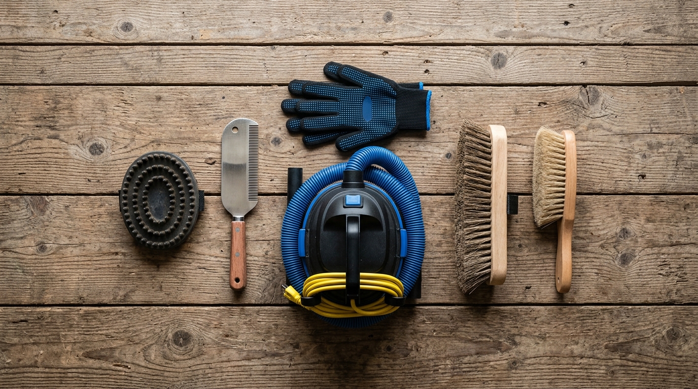 Having a specialized toolkit including curry combs and shedding blades makes the labor-intensive process of removing winter hair much more efficient.