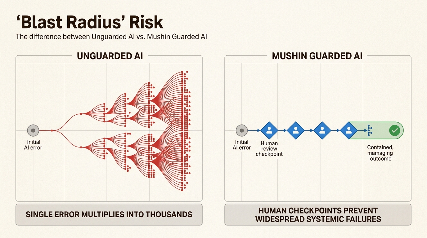 See how human guardrails prevent a single AI error from escalating into a systemic business failure across your operations.