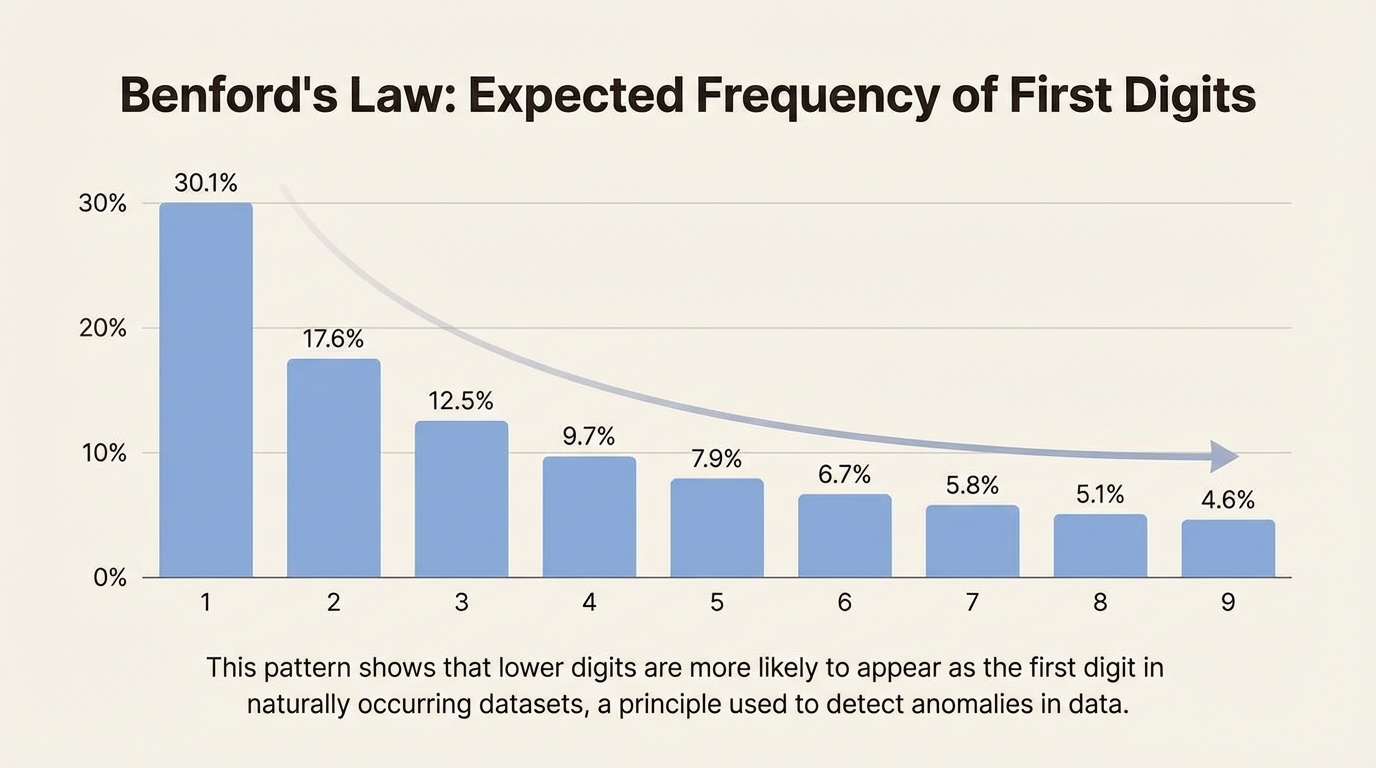 An infographic showing the expected frequency of leading digits according to Benford's Law in Excel, with the digit 1 appearing most often.