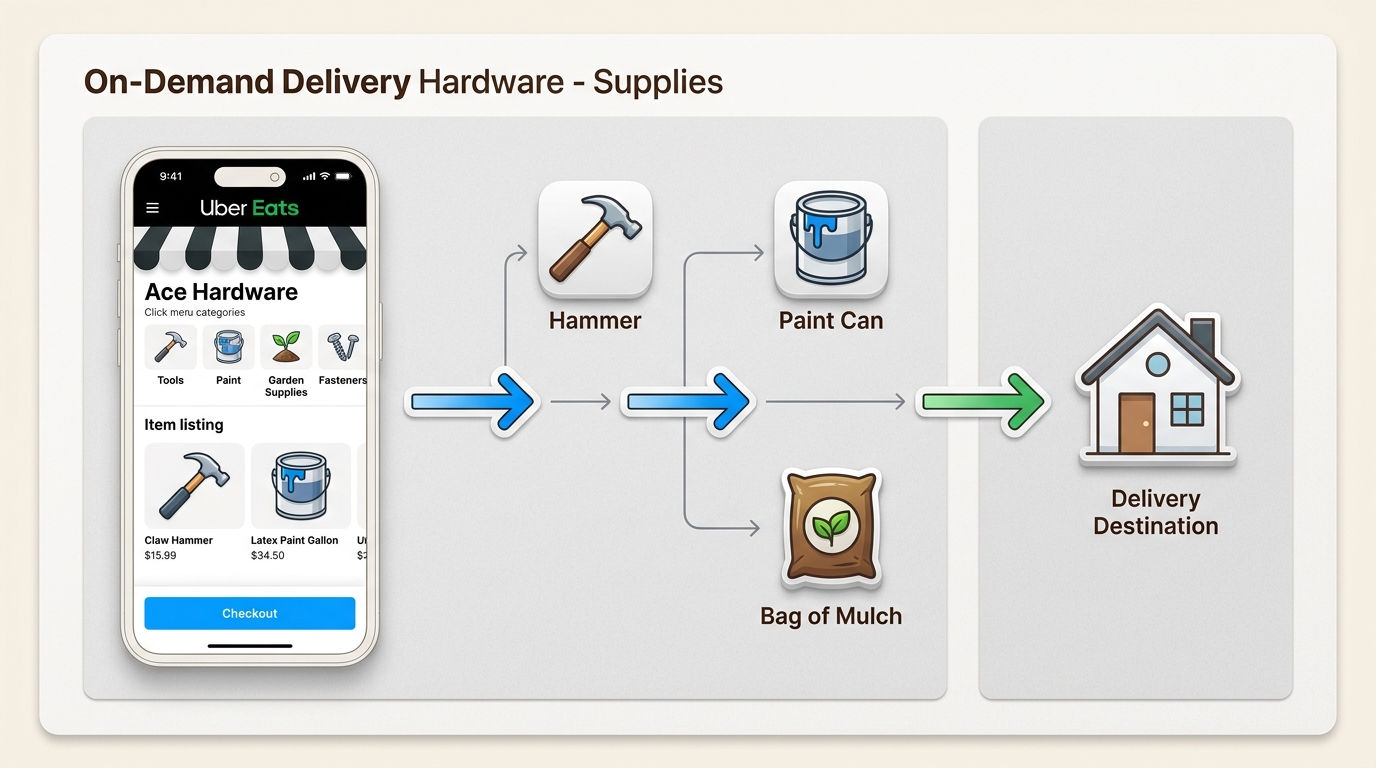 The familiar interface of food delivery apps now provides a seamless way to browse and order thousands of local hardware products.