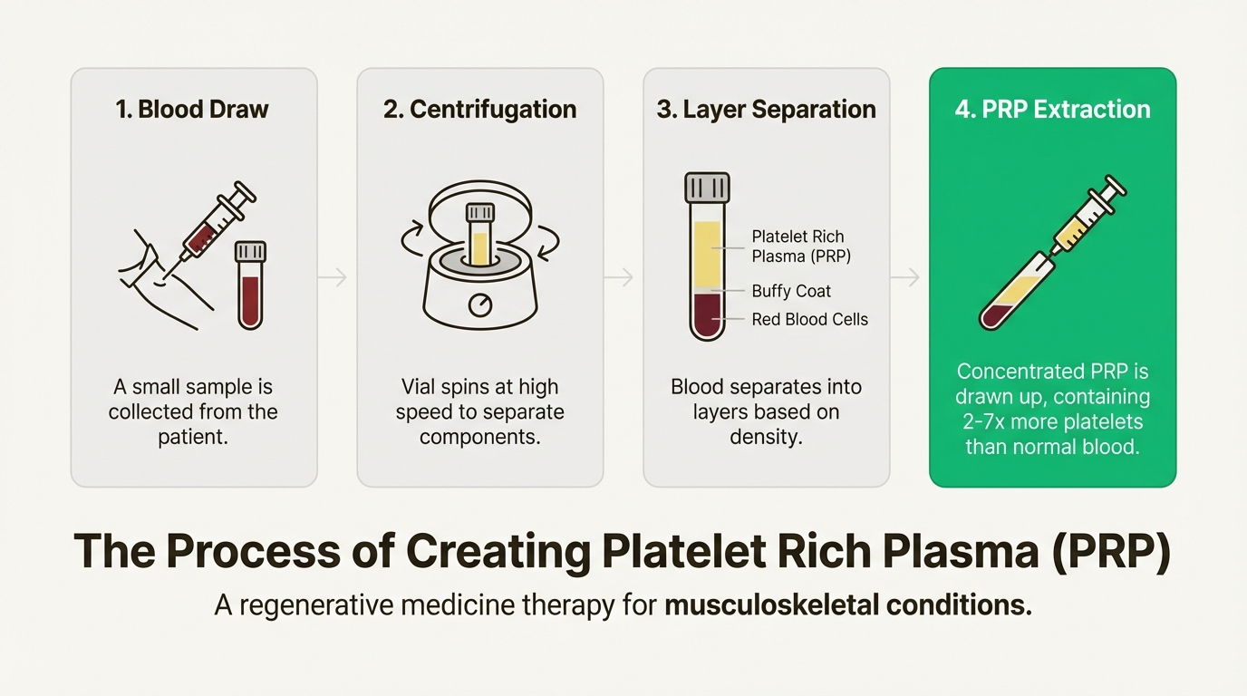A visual guide showing the four-step process of creating Platelet Rich Plasma (PRP) from a patient's own blood.