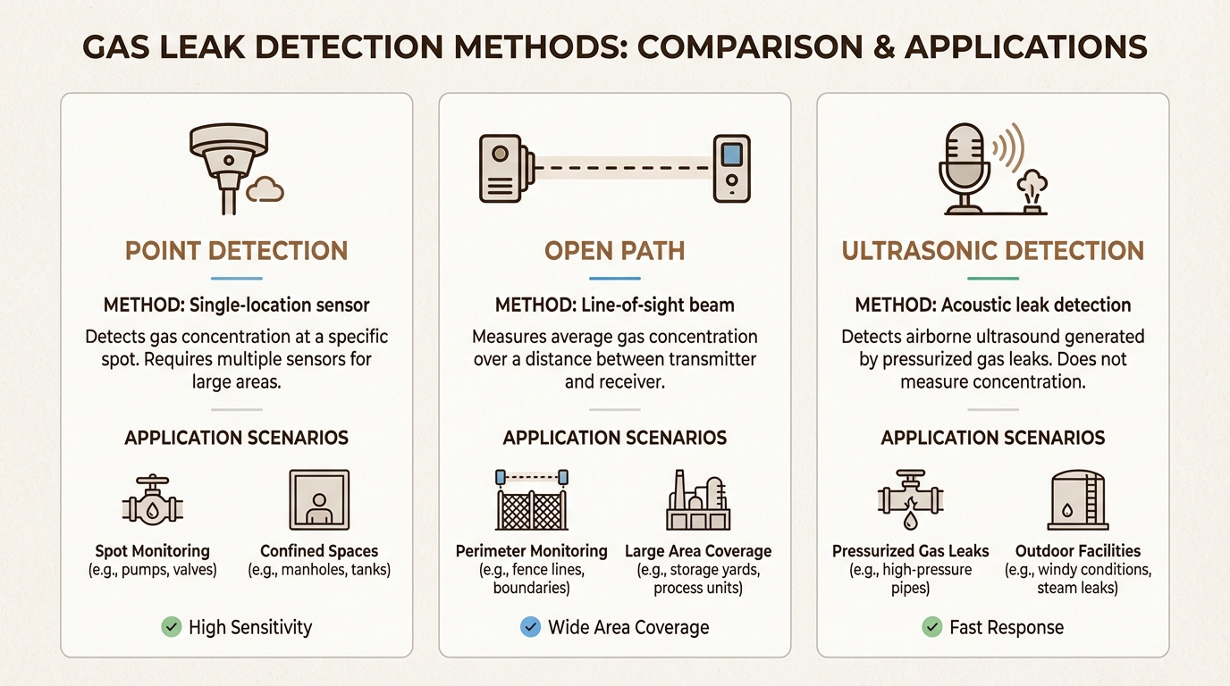 Different detection technologies suit different hazard types and facility layouts