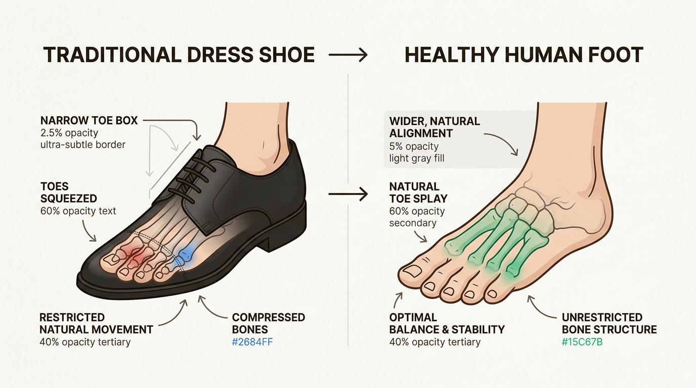 Traditional dress shoes often constrict toes into an unnatural, triangular shape, hindering natural splay and causing discomfort.