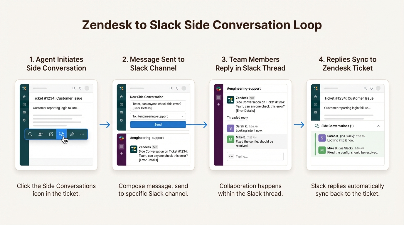 So synchronisieren Side Conversations Nachrichten zwischen Zendesk und Slack
