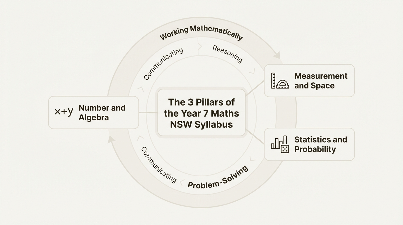 An infographic showing the three pillars of the Year 7 Maths NSW syllabus: Number and Algebra, Measurement and Space, and Statistics and Probability, all underpinned by the 'Working Mathematically' component.
