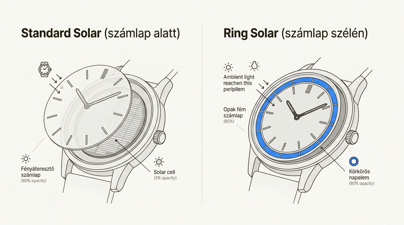 Ez az ábra szemlélteti a Standard Solar és a Ring Solar napelem-elhelyezkedés közötti különbségeket a Citizen Eco-Drive órákban.