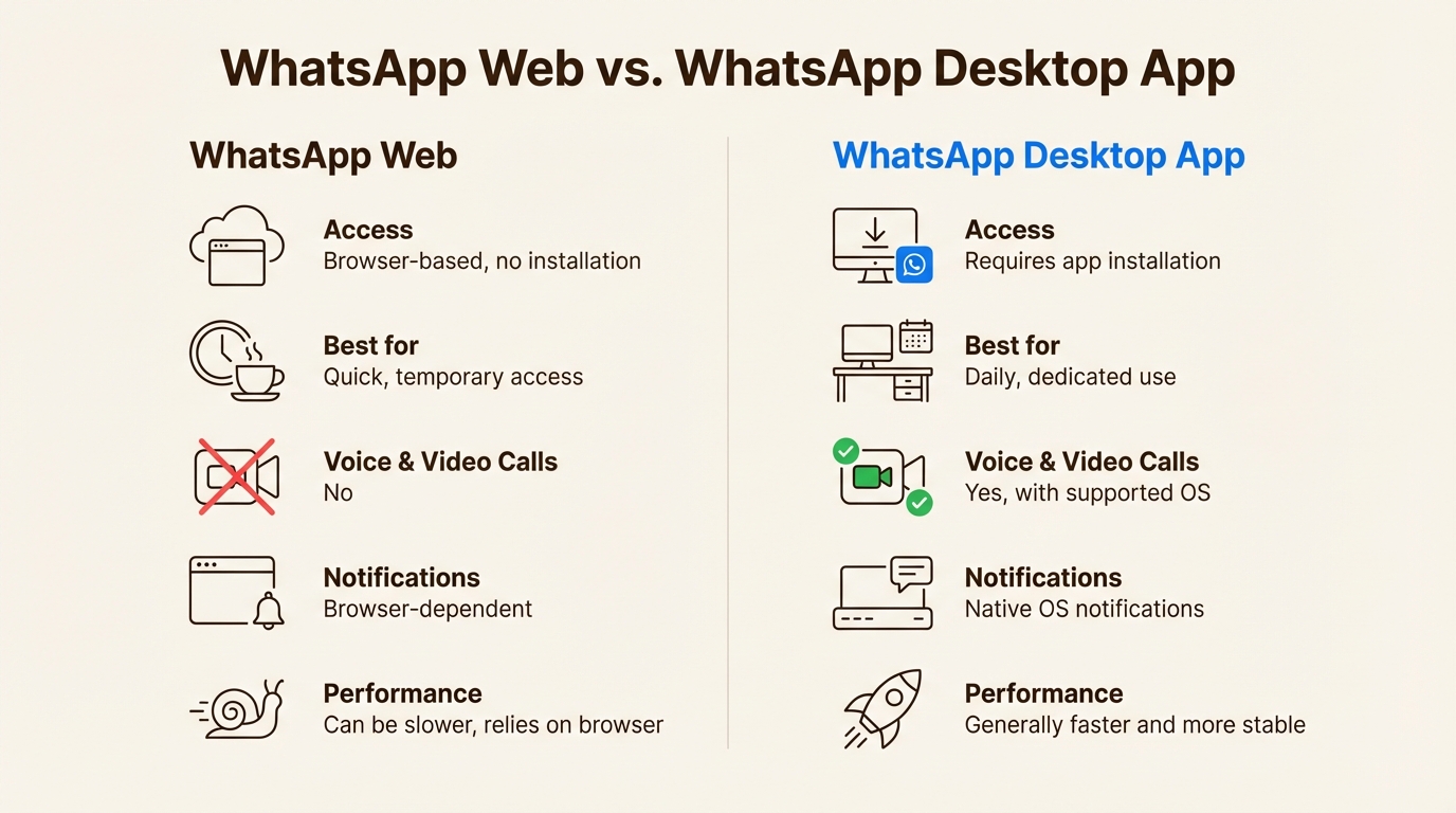 An infographic comparing WhatsApp Web and the WhatsApp Desktop App for your WhatsApp login, highlighting differences in access, calls, and performance.