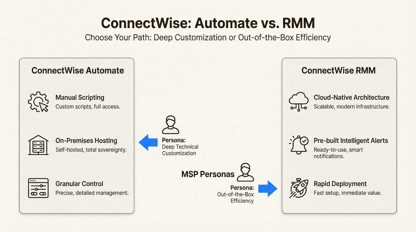 Comparison of ConnectWise Automate and ConnectWise RMM showing architectural differences