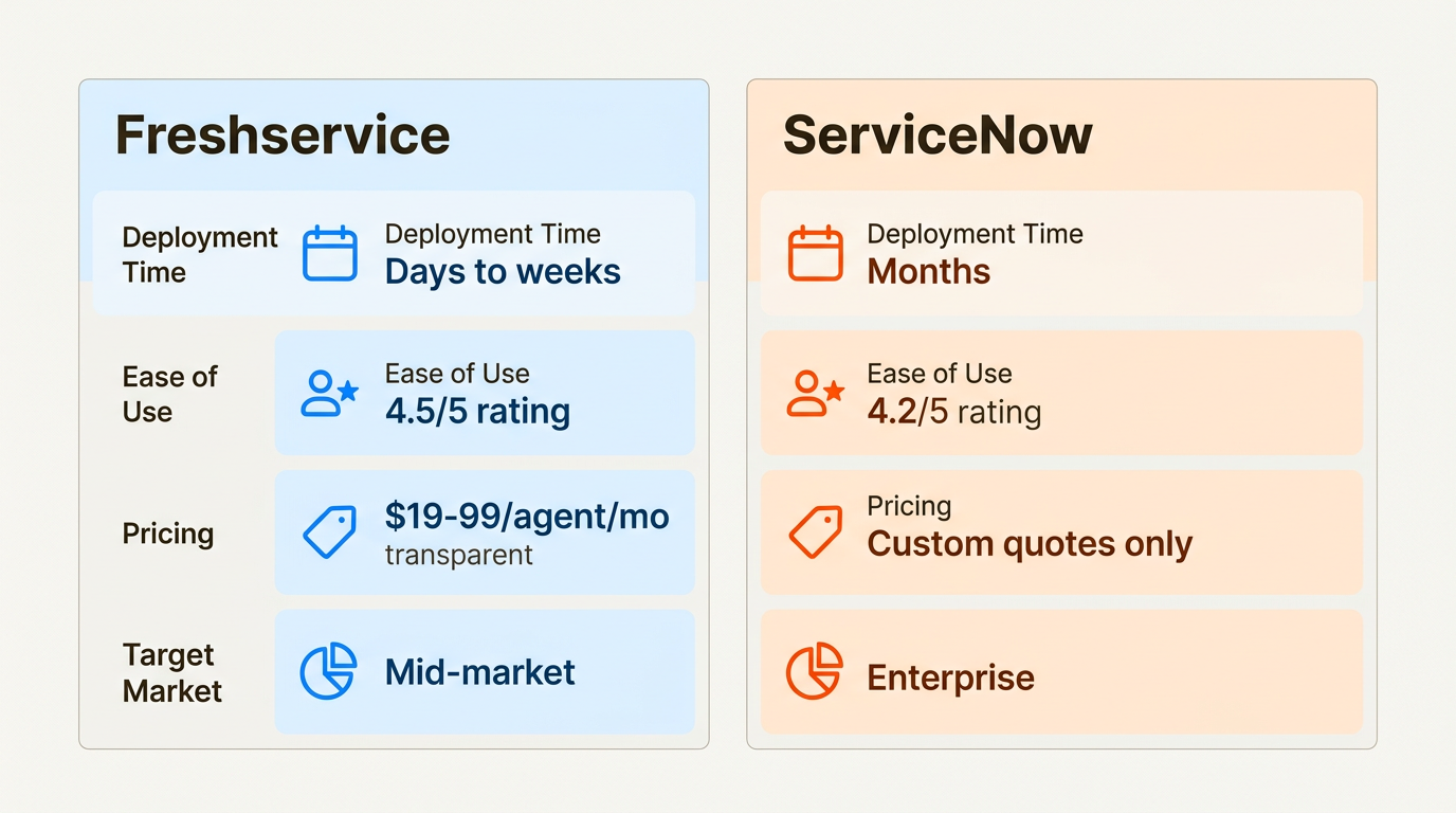 Freshservice privilégie la vitesse et la simplicité tandis que ServiceNow se concentre sur la profondeur et la personnalisation de l'entreprise