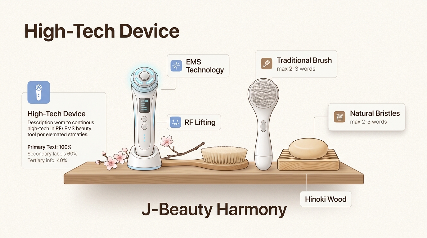 This visual illustrates how J-Beauty combines advanced electronic devices with traditional manual tools for holistic skin health.