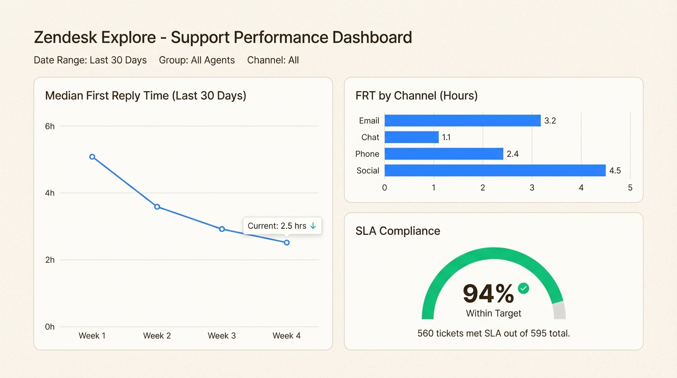 Painel mostrando tendências de resposta medianas e métricas de conformidade de SLA