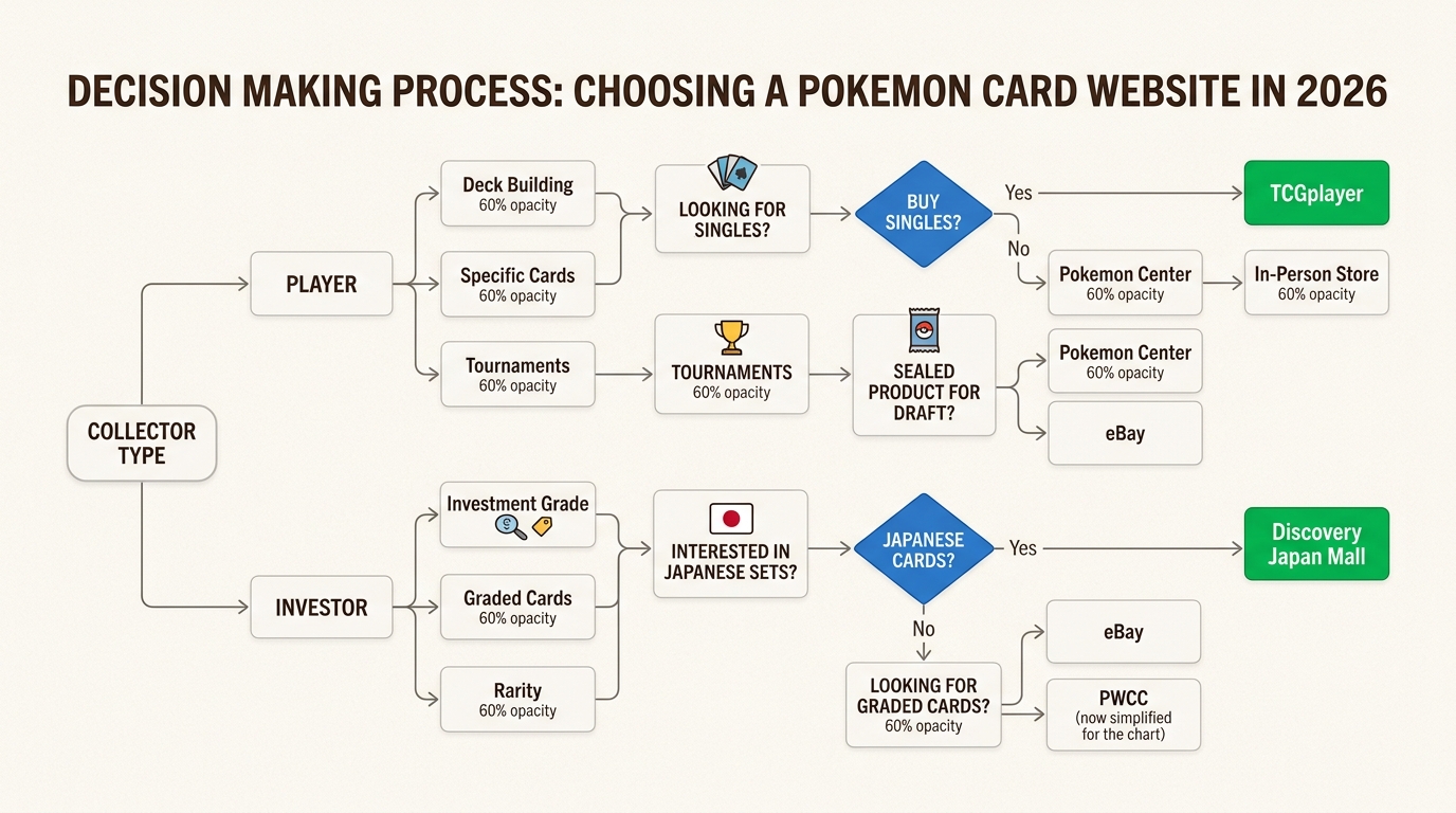 Navigate the diverse Pokemon TCG market with this flowchart to find the ideal website for your specific collecting or playing objectives.