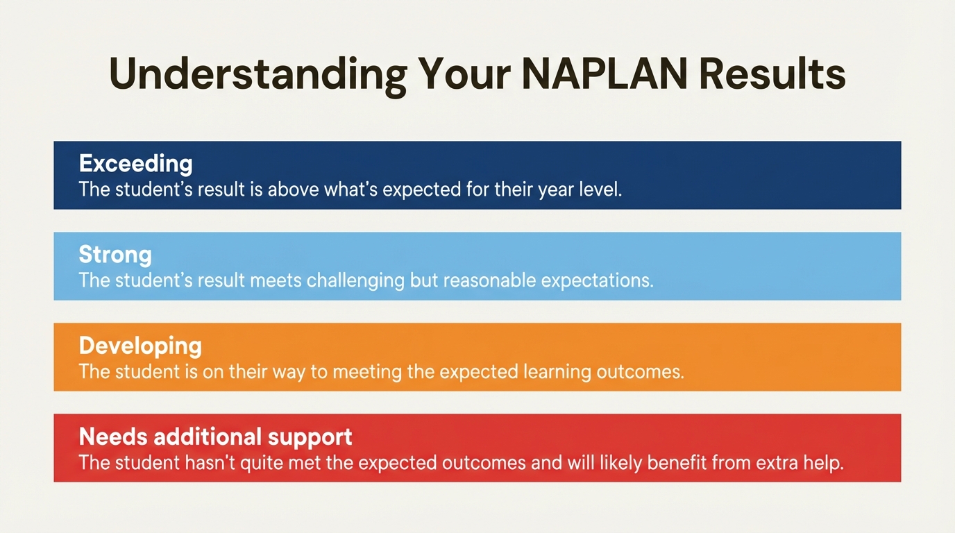 An infographic explaining the four proficiency standards (Exceeding, Strong, Developing, Needs additional support) used in the NAPLAN 2026 NAPLAN practice papers.