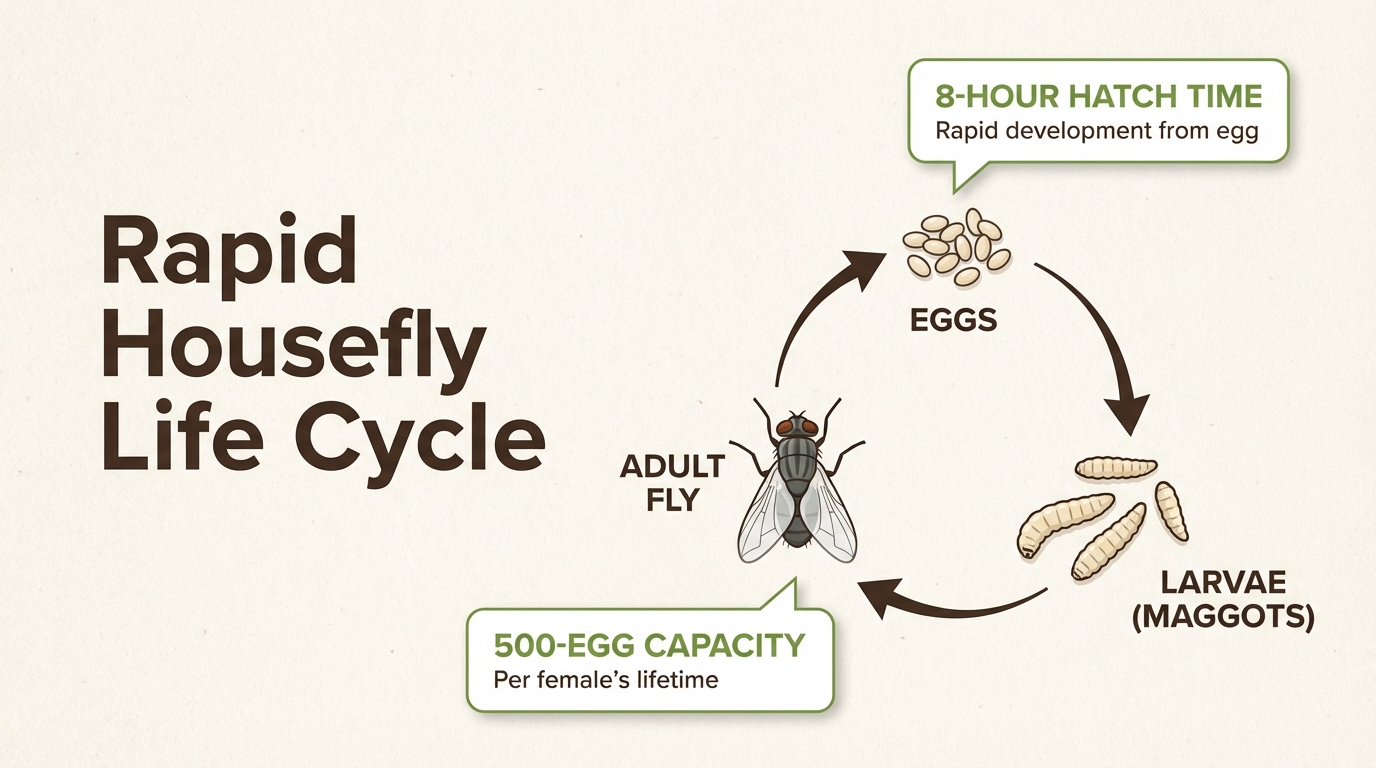 The exponential growth of fly populations explains why reactive measures like swatting are ineffective against the overwhelming surge seen in late summer.