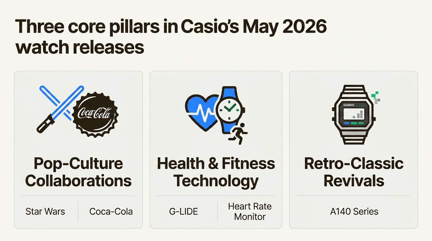 Understand the three main categories driving Casio's May 2026 releases: pop-culture collaborations, advanced fitness tech, and classic revivals.