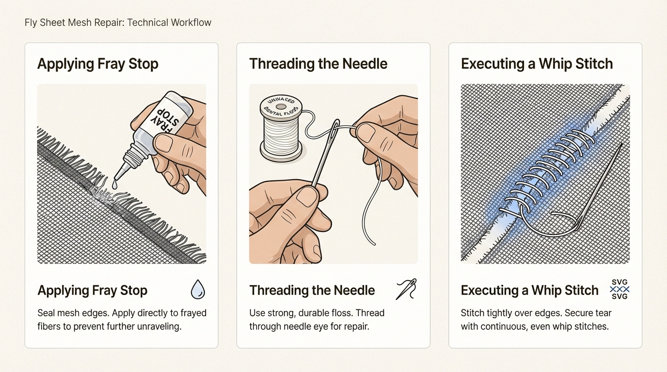 Following a structured sewing process with durable dental floss ensures a long-lasting repair that withstands pasture activity.