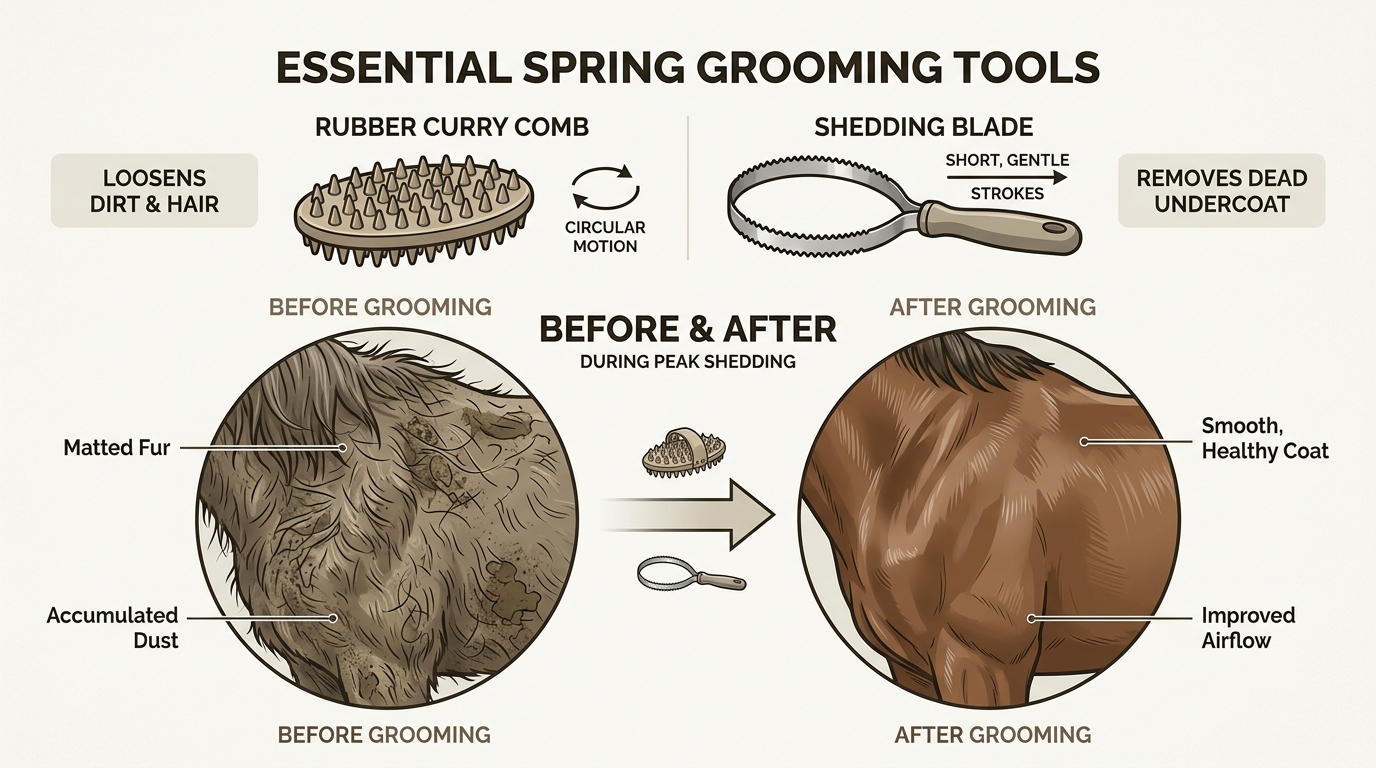 Using the right shedding tools not only removes dead winter hair but also stimulates skin health and allows for early detection of rain rot.
