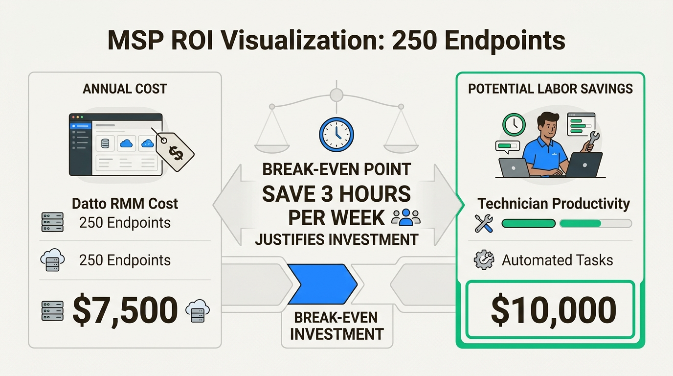 ROI breakdown showing efficiency gains needed for profitable Datto RMM investment
