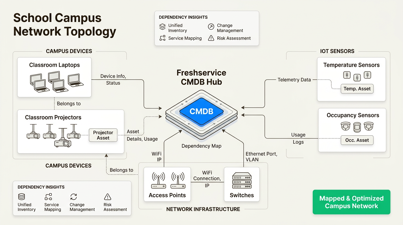 IT-Asset-Management-Dashboard mit Gerätebeziehungen und Auswirkungen auf die Klassenzimmer