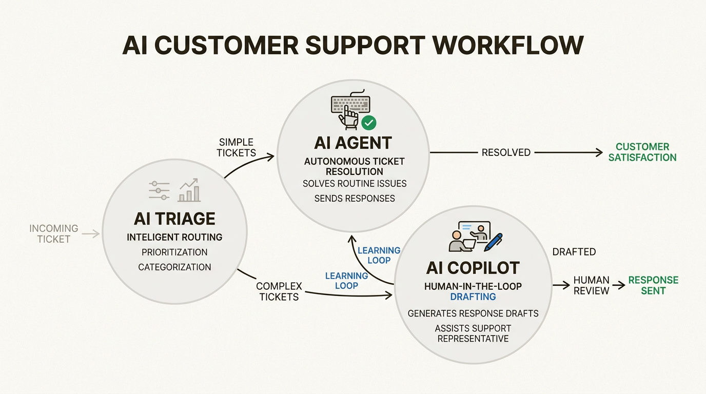 Comprender cómo los agentes de IA, los copilotos y el triaje trabajan juntos le ayuda a elegir el nivel de automatización adecuado para su equipo.