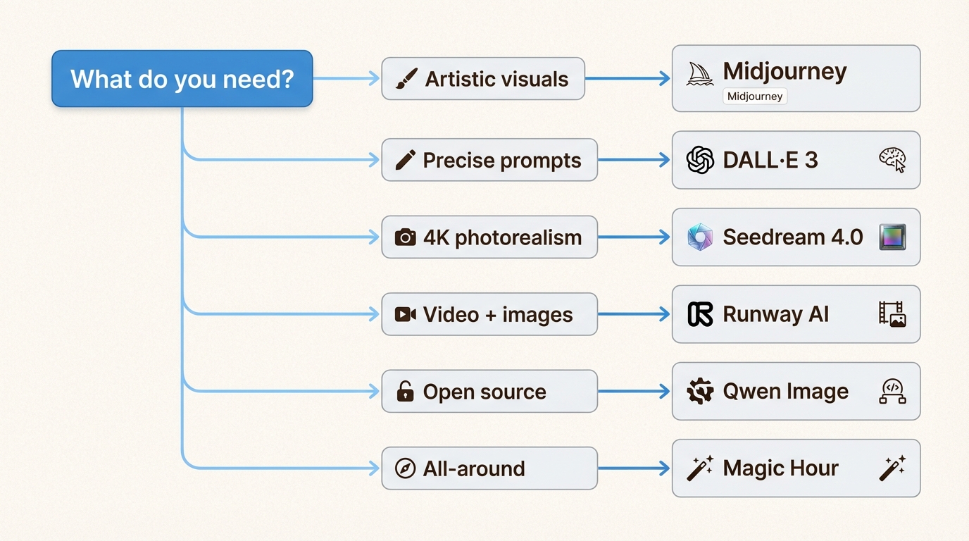Diagrama de flujo de decisión para elegir la herramienta de imagen con IA adecuada según tus necesidades creativas