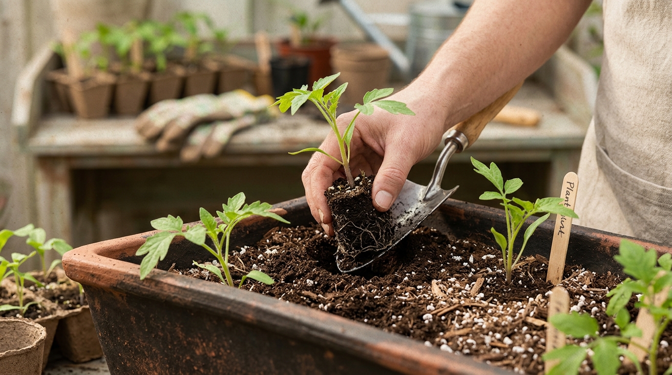 Watering a container garden with a small watering can.