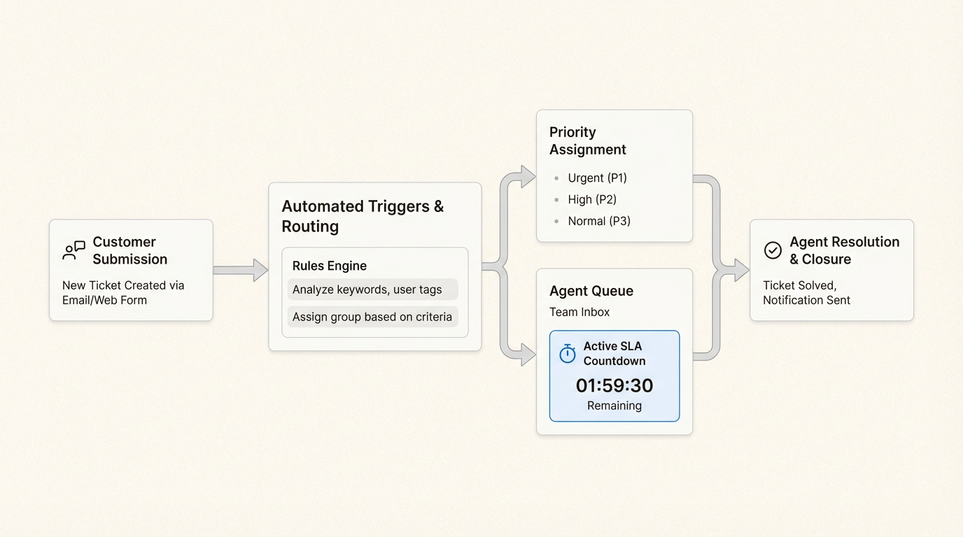 Fluxo de trabalho de roteamento automatizado de tickets no Zendesk