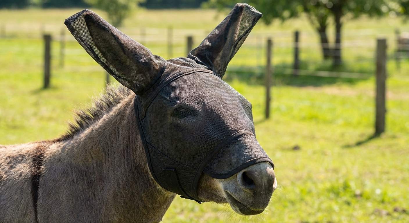 Well-fitted fly mask protecting a donkey's eyes and long ears from insects and UV damage