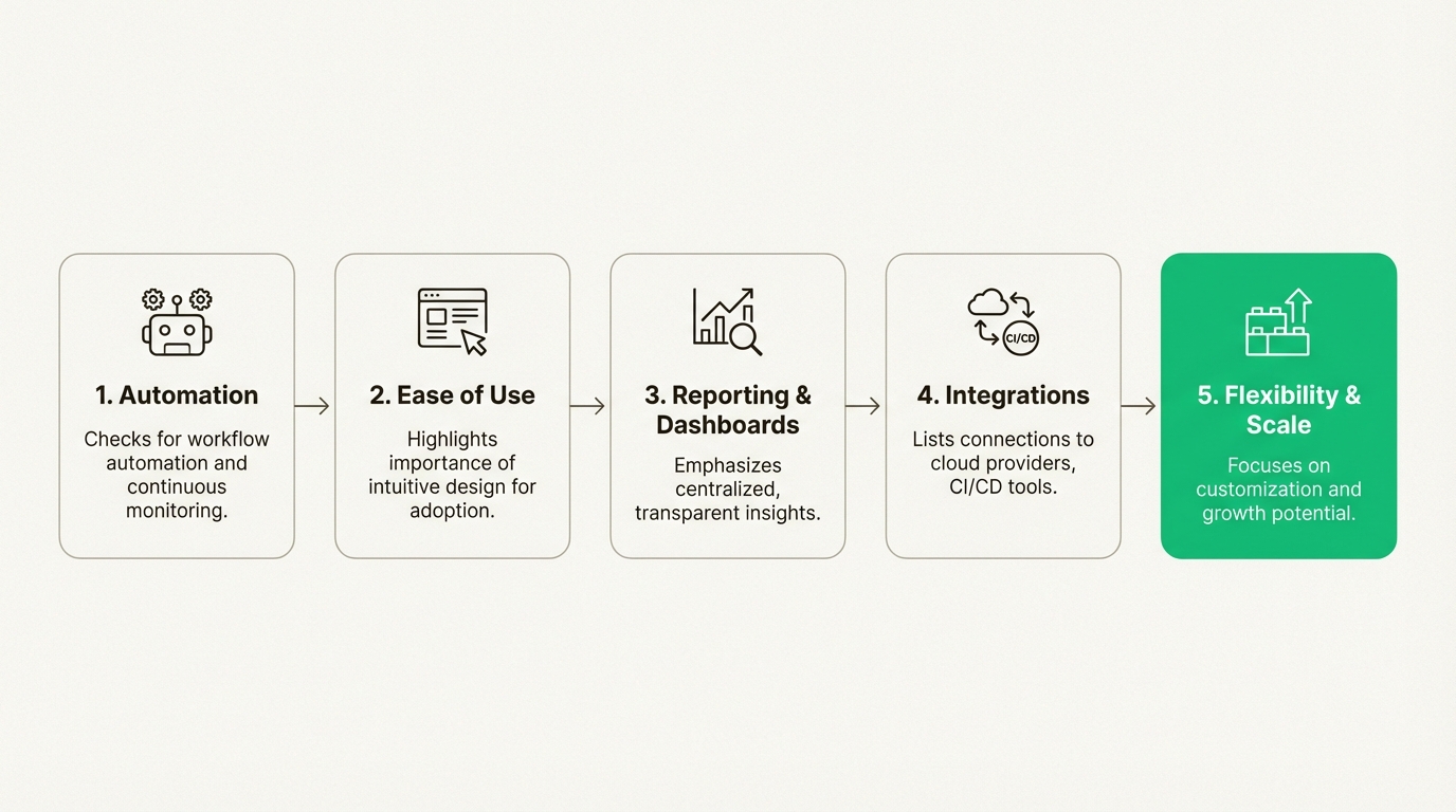 A workflow diagram outlining the evaluation criteria used to select the top GRC software companies in the USA, including automation, ease of use, and integrations.