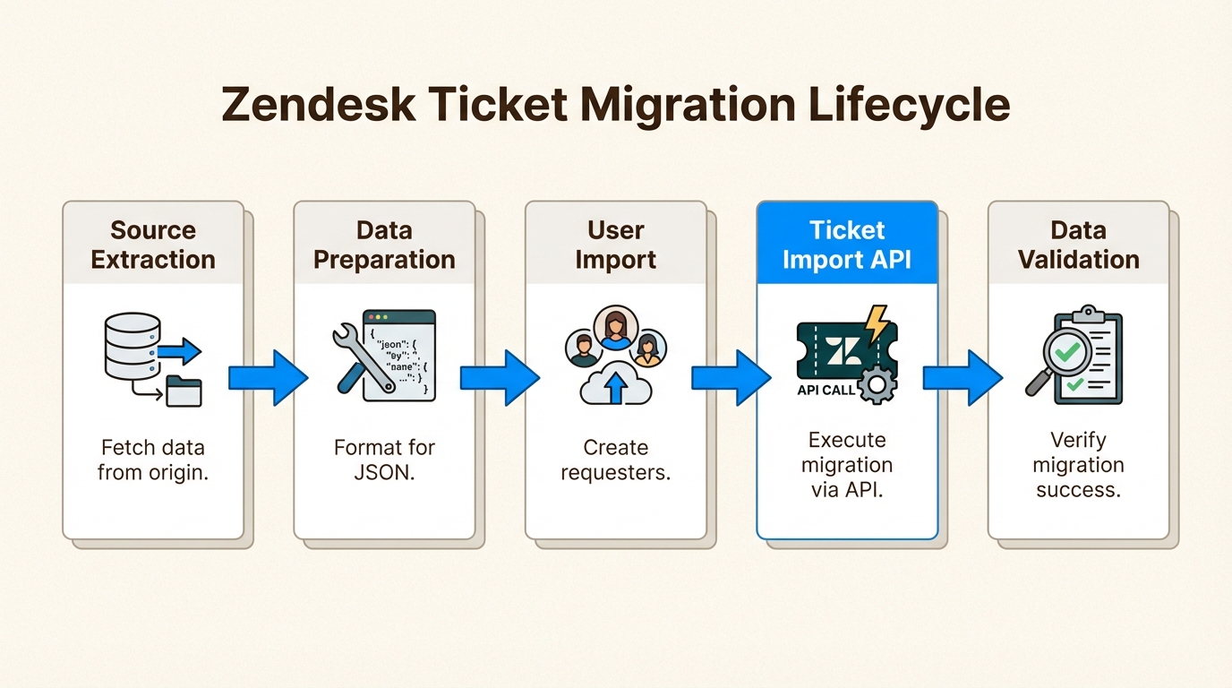 Flujo de trabajo de extremo a extremo que garantiza la integridad de los datos importando usuarios antes que los tickets y validando los resultados con su sistema de origen