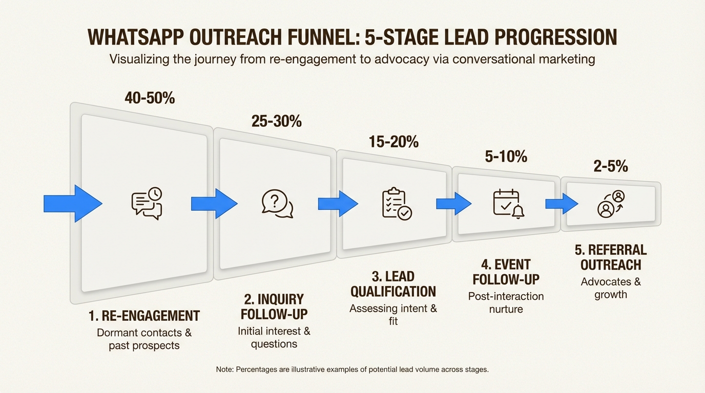 Five targeted strategies mapped into a conversion funnel showing how personalized WhatsApp messaging moves prospects toward a sale.