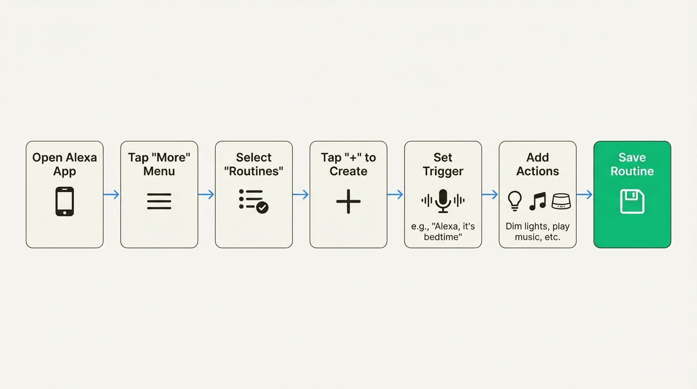 A workflow diagram showing the simple steps to create an Alexa Routine, a key feature of this Amazon product must have for mom.