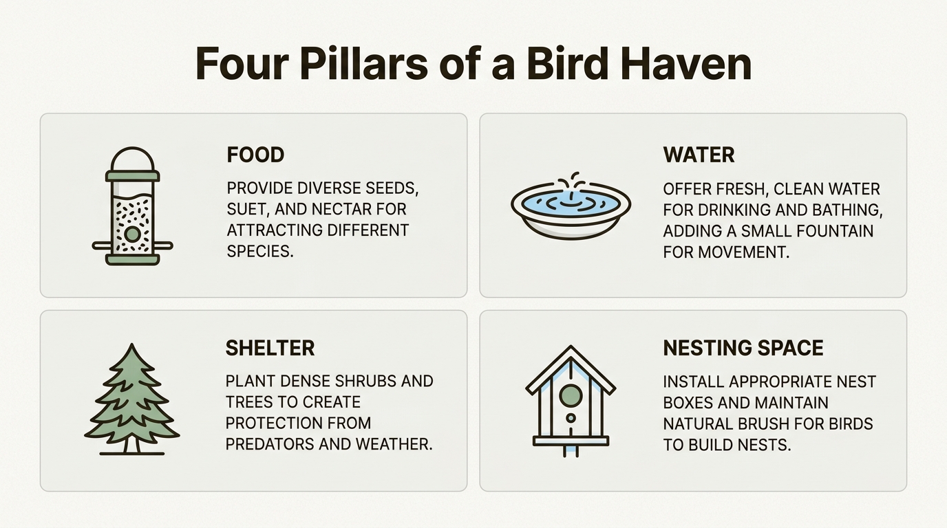 Understanding these four fundamental requirements helps homeowners prioritize their backyard improvements to create a sustainable environment for visiting wildlife.