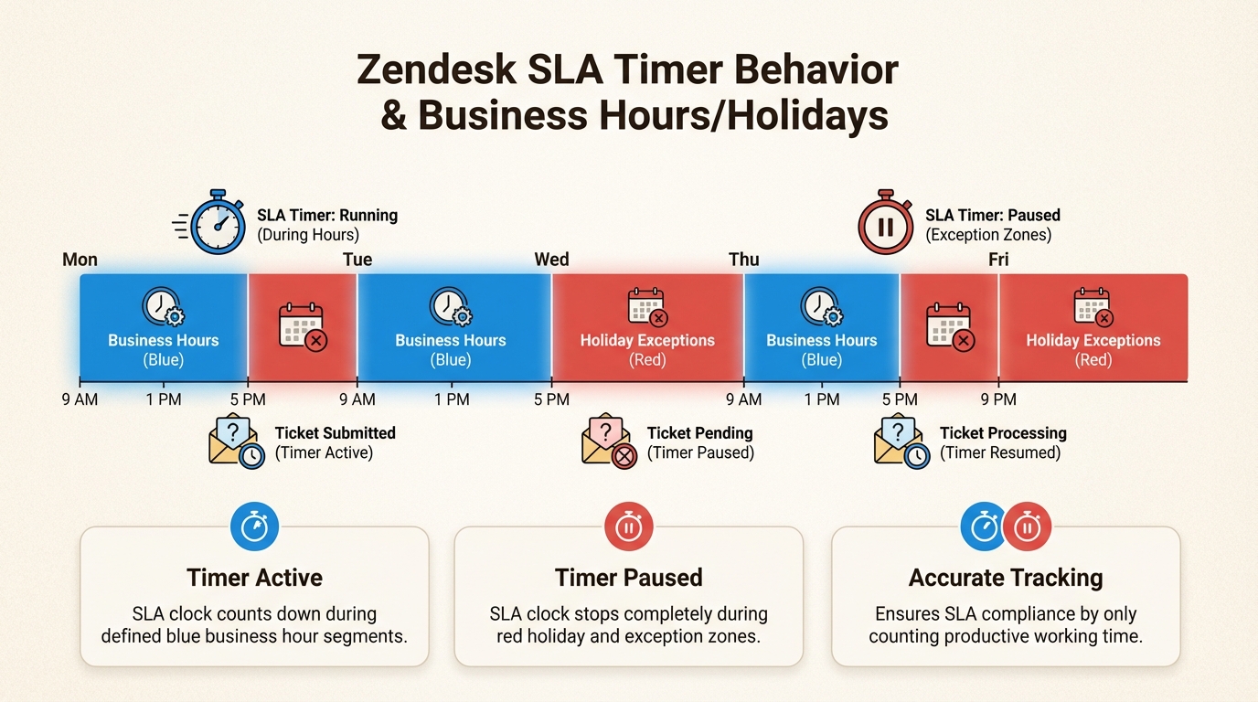 Este mapa visual mostra como o Zendesk pausa automaticamente os cronômetros de SLA durante os feriados para garantir que as métricas de desempenho da sua equipe permaneçam precisas.