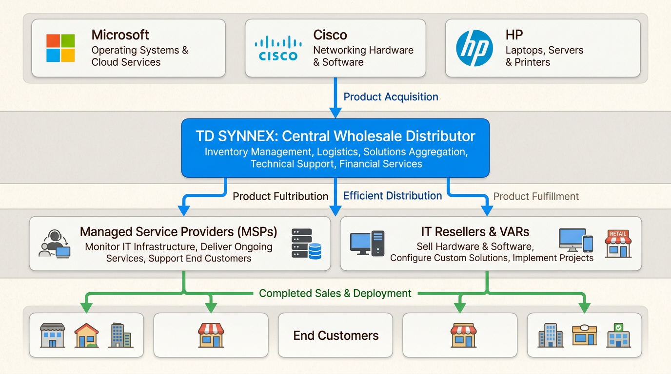TD SYNNEX acts as the wholesale layer connecting vendors to MSPs